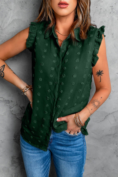 Camiseta sin mangas con cuello vuelto y volantes con lunares