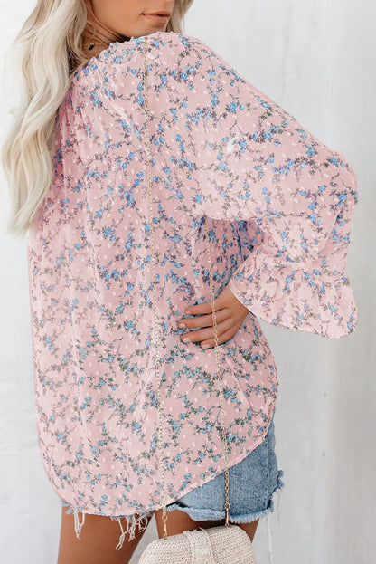 Floral Print Drawstring Long Bell Sleeve Blouse