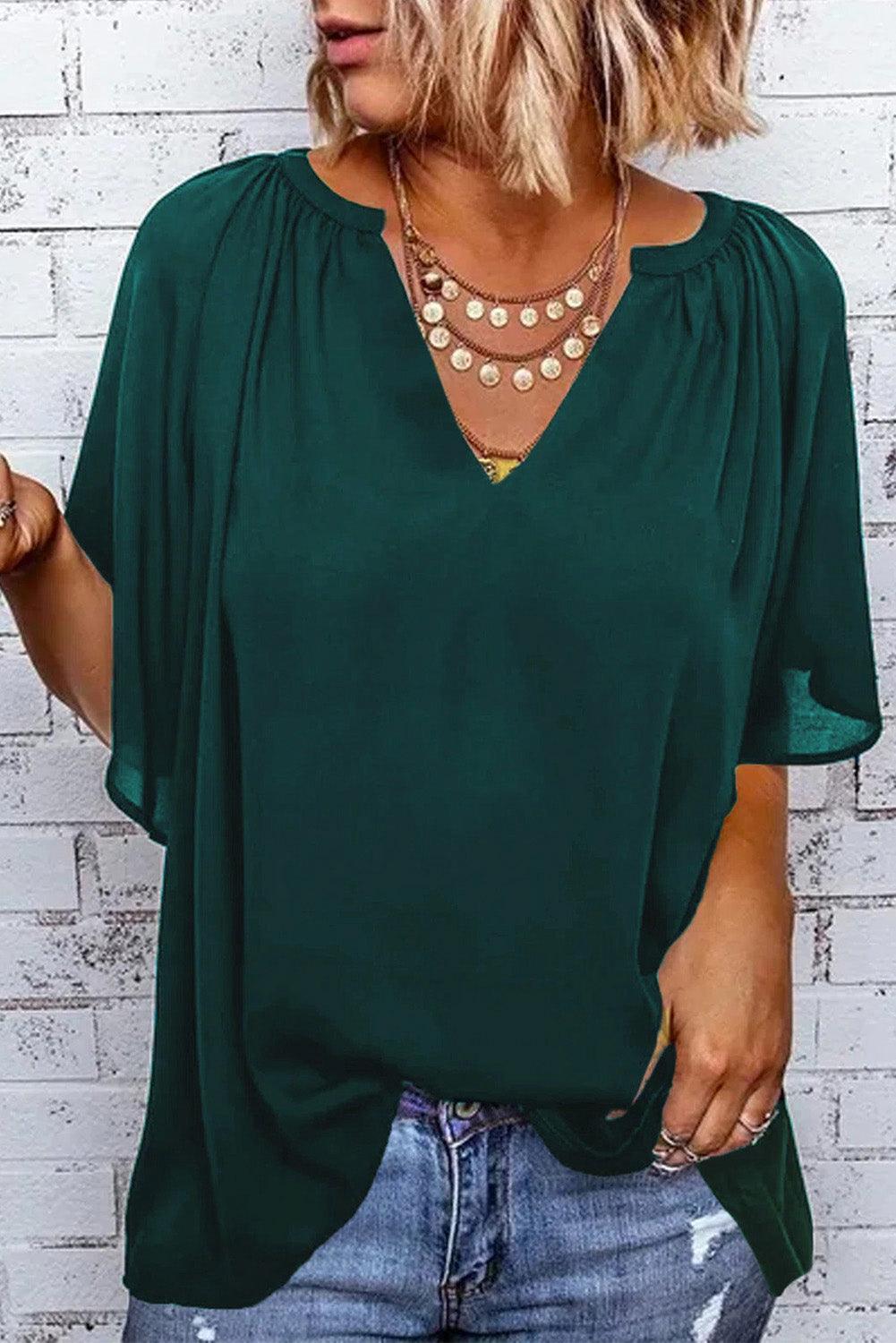 Beige Split Neck Pleated Loose Blouse - HannaBanna Clothing