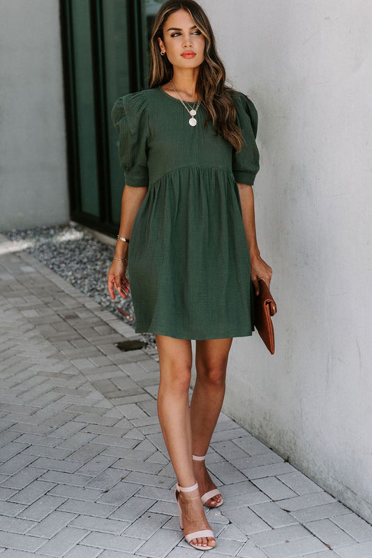 Pocketed Puff Sleeve Empire Waist Swing Short Dress