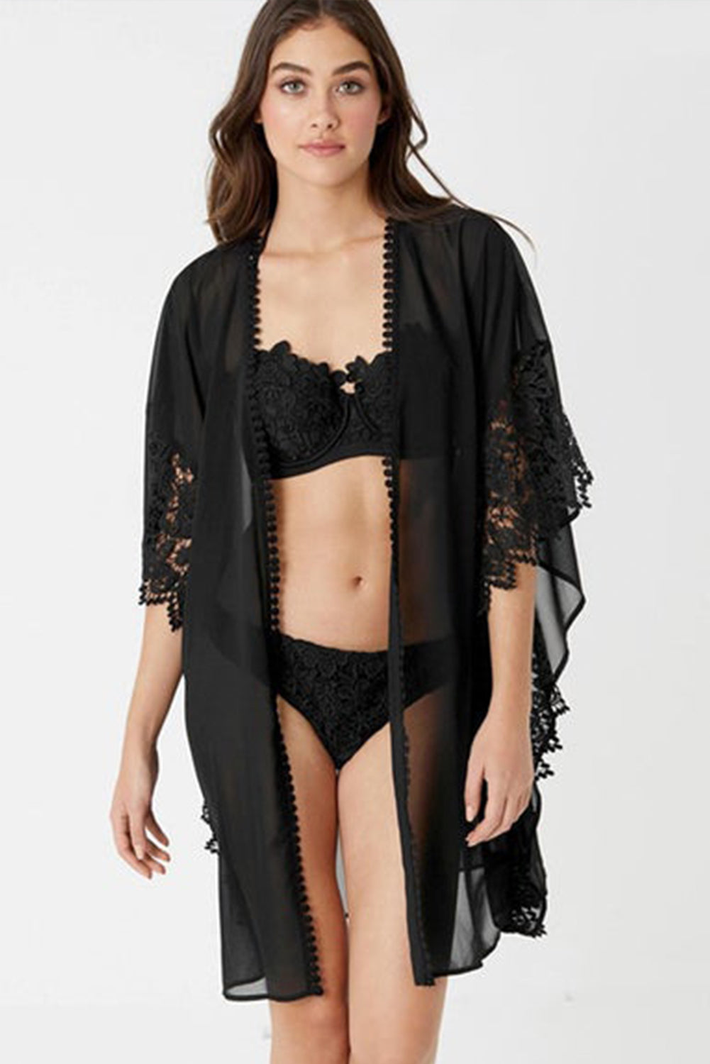 Lace Patchwork Pom Pom Trim Lace-up Open Front Kimono