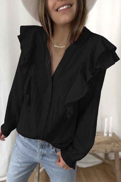 Camisa con mangas de burbujas y volantes transparentes con textura punteada