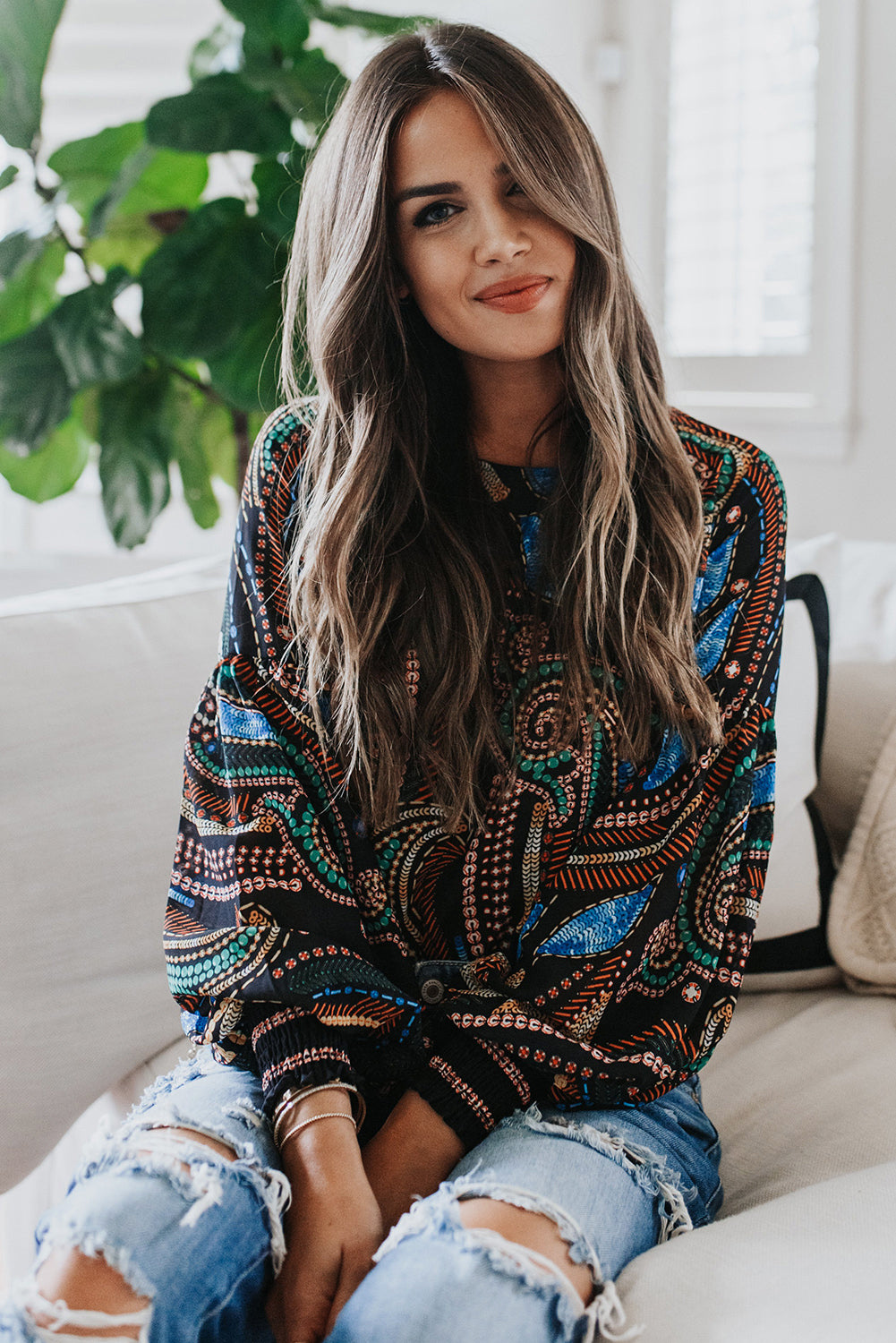 Haut imprimé à manches lanternes