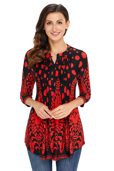 Floral Notch Neck Pin-tuck Tunic