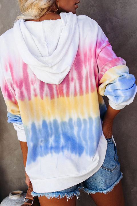 Multicolor Colorblock Tie-dye Drawstring Pullover Hoodie
