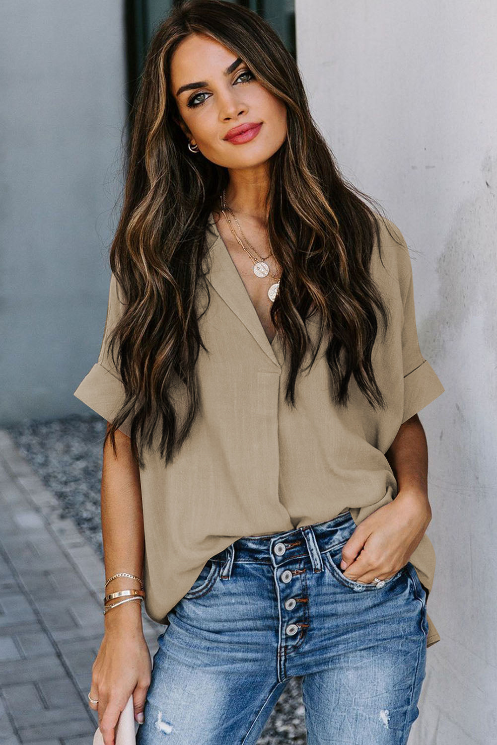 Camisa lisa con botones de manga corta