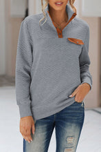 Dark Gray Quilted Snaps Stand Neck Sweatshirt with Fake Front Pocket