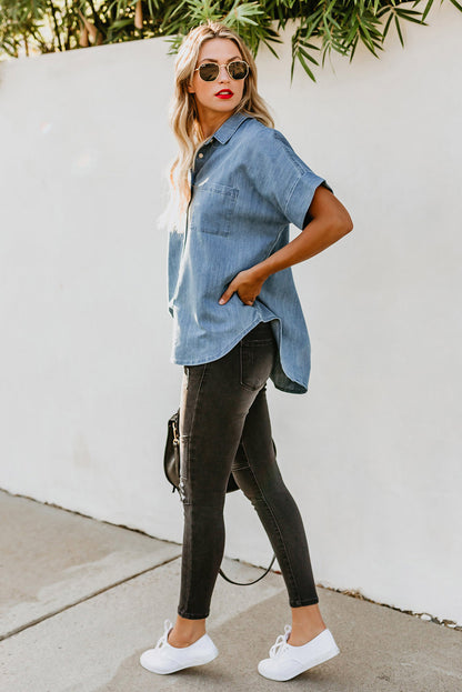 Chemise en jean à manches courtes et col rabattu 