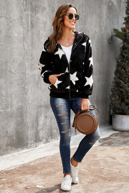 Manteau polaire à capuche et poches zippées à imprimé camouflage 