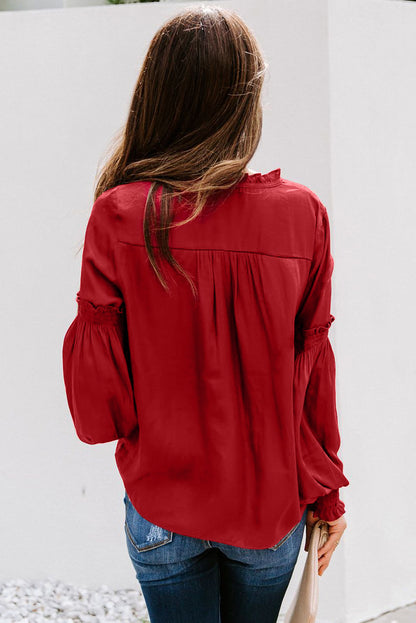 Satin V-neck Lantern Sleeve Drawstring Blouse