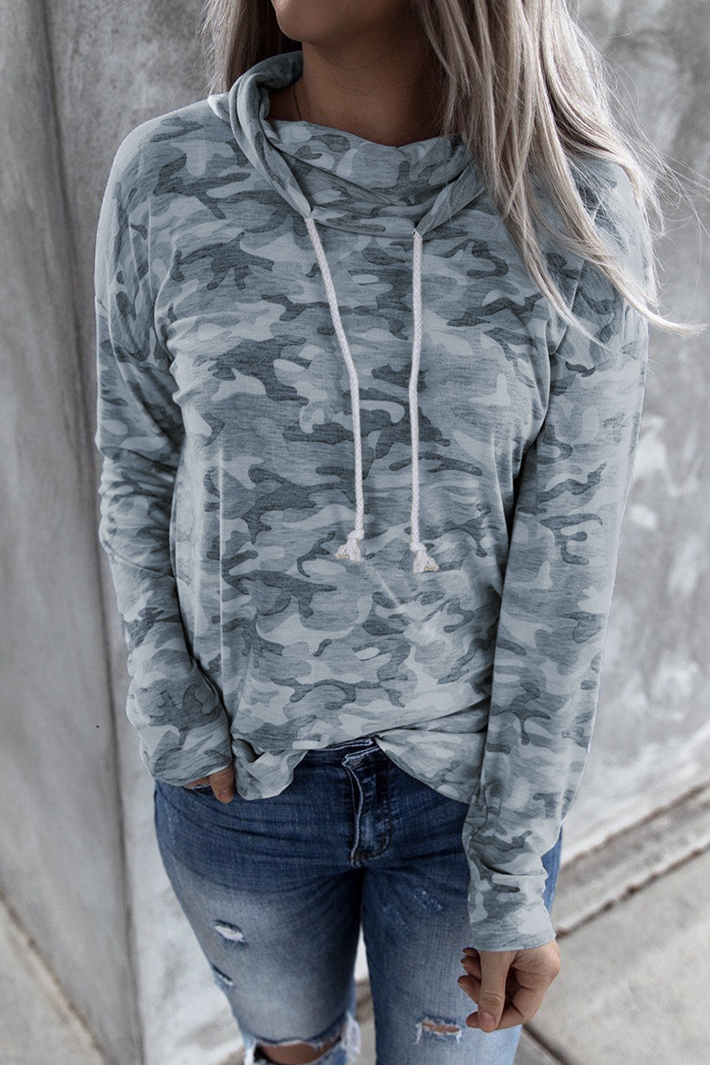 Grey Blue Camo Drawstring Sweatshirt