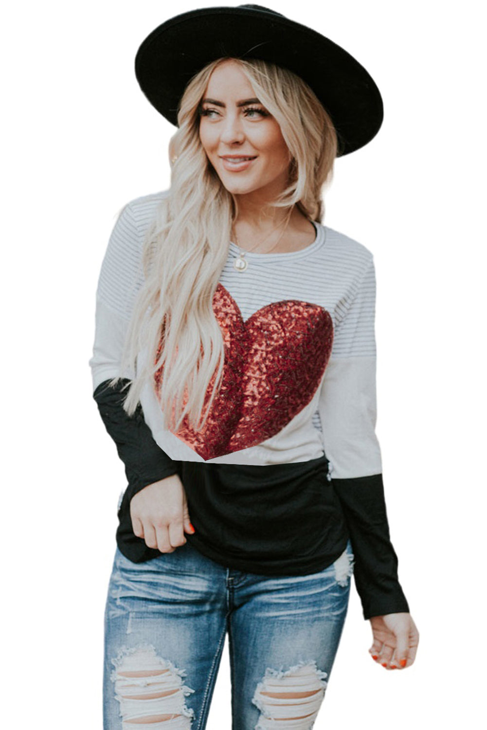 Haut rayé à manches longues et paillettes en forme de cœur