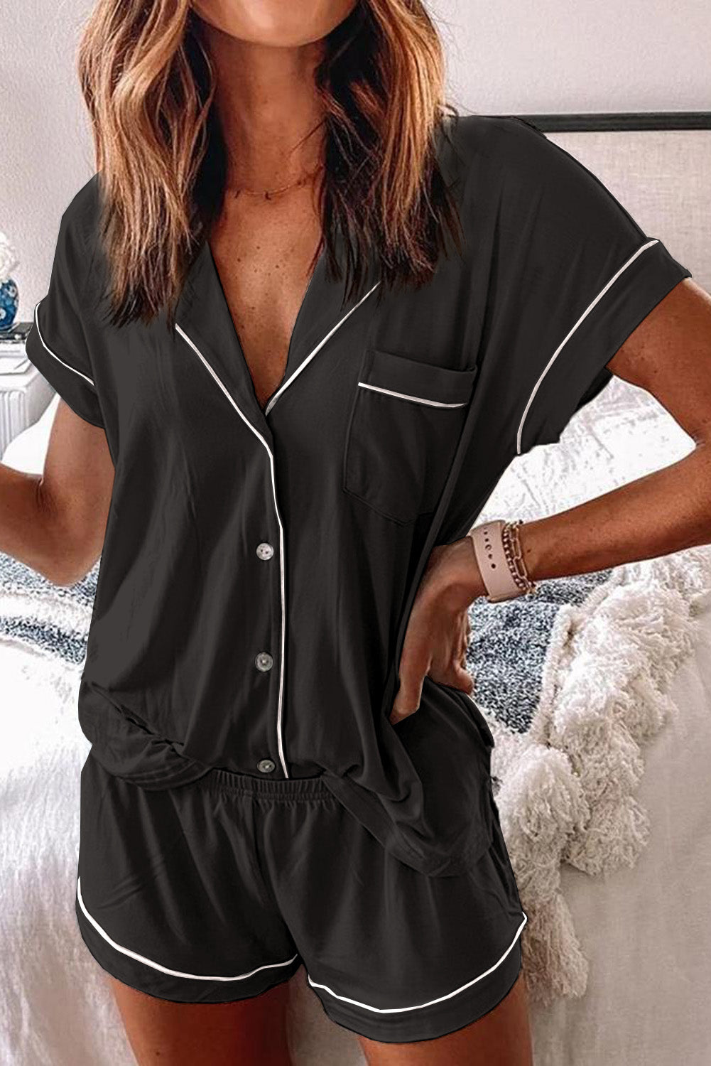 Ensemble pyjama chemise à manches courtes boutonnée et short