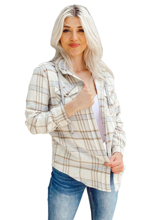 Khaki Plaid Hooded Shirt Coat