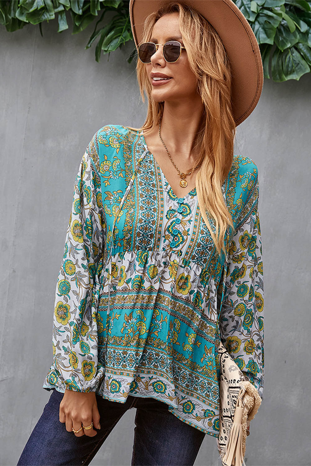 Floral Print Loose Drawstring V Neck Blouse