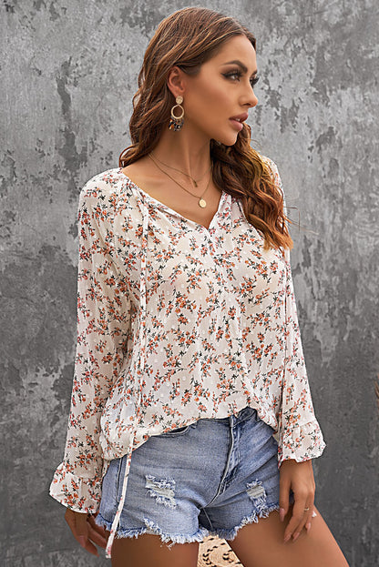 Floral Print Drawstring Long Bell Sleeve Blouse