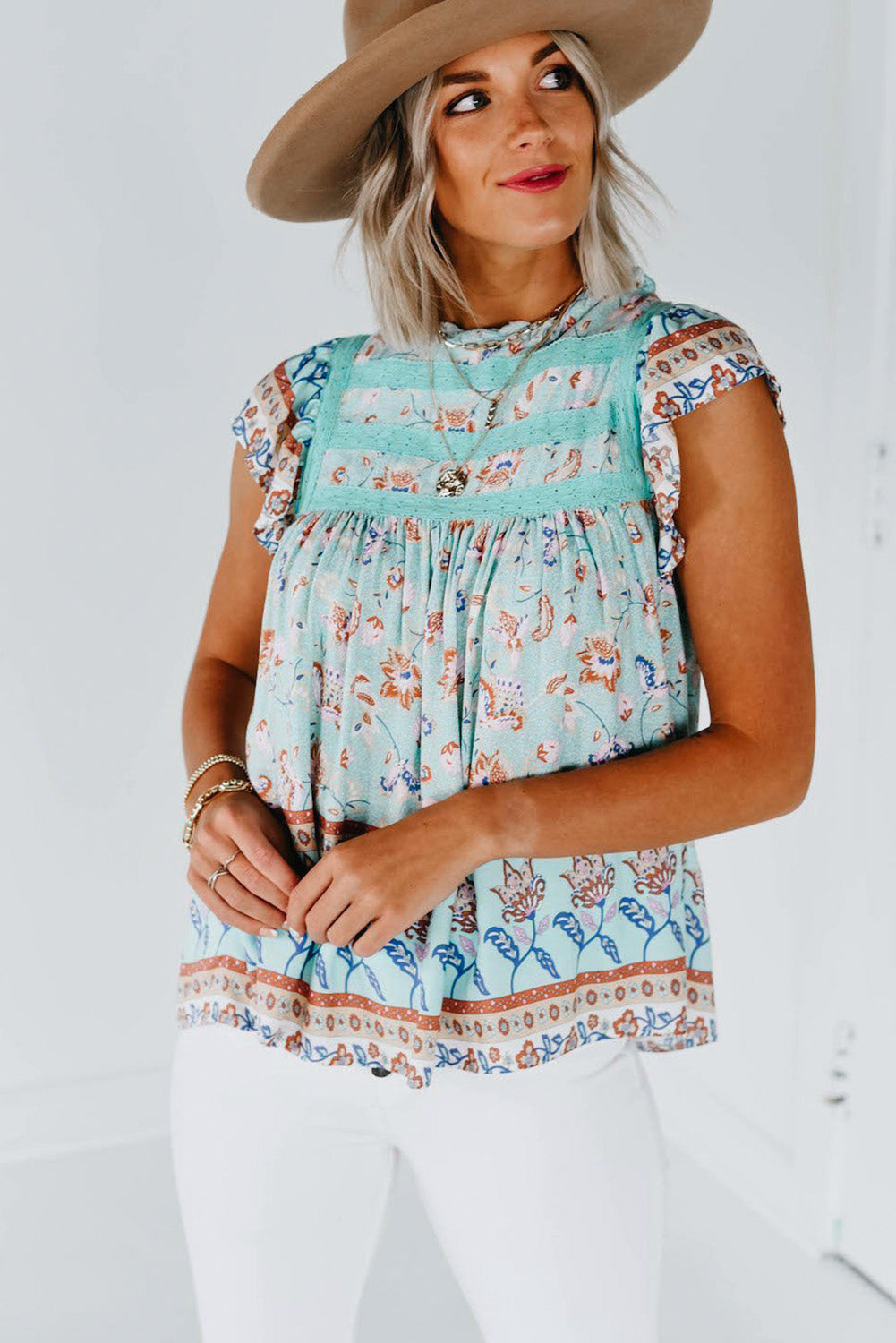 Floral Print Ruffled Crew Neck Sleeveless Top