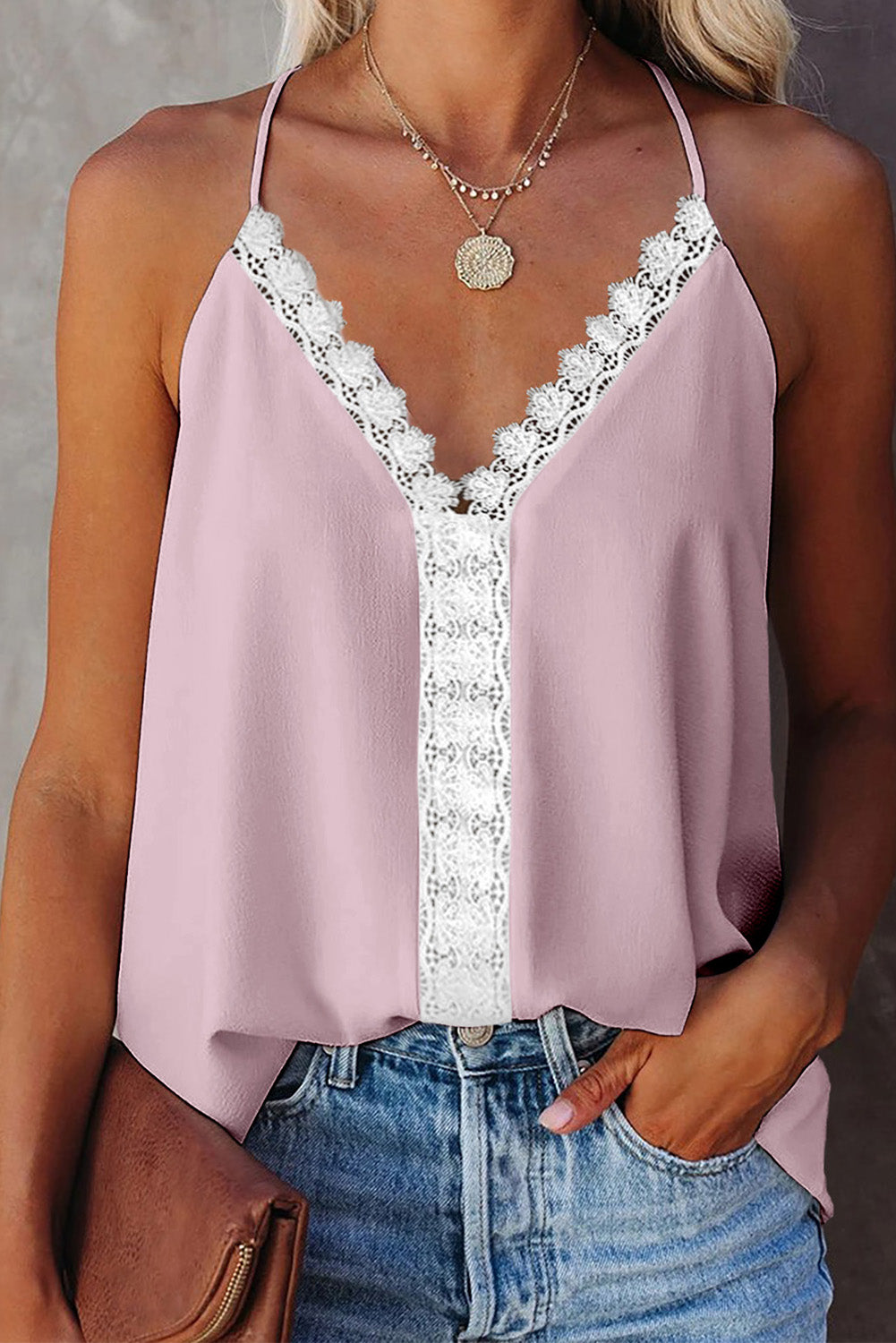 Camiseta sin mangas de encaje con cuello en V