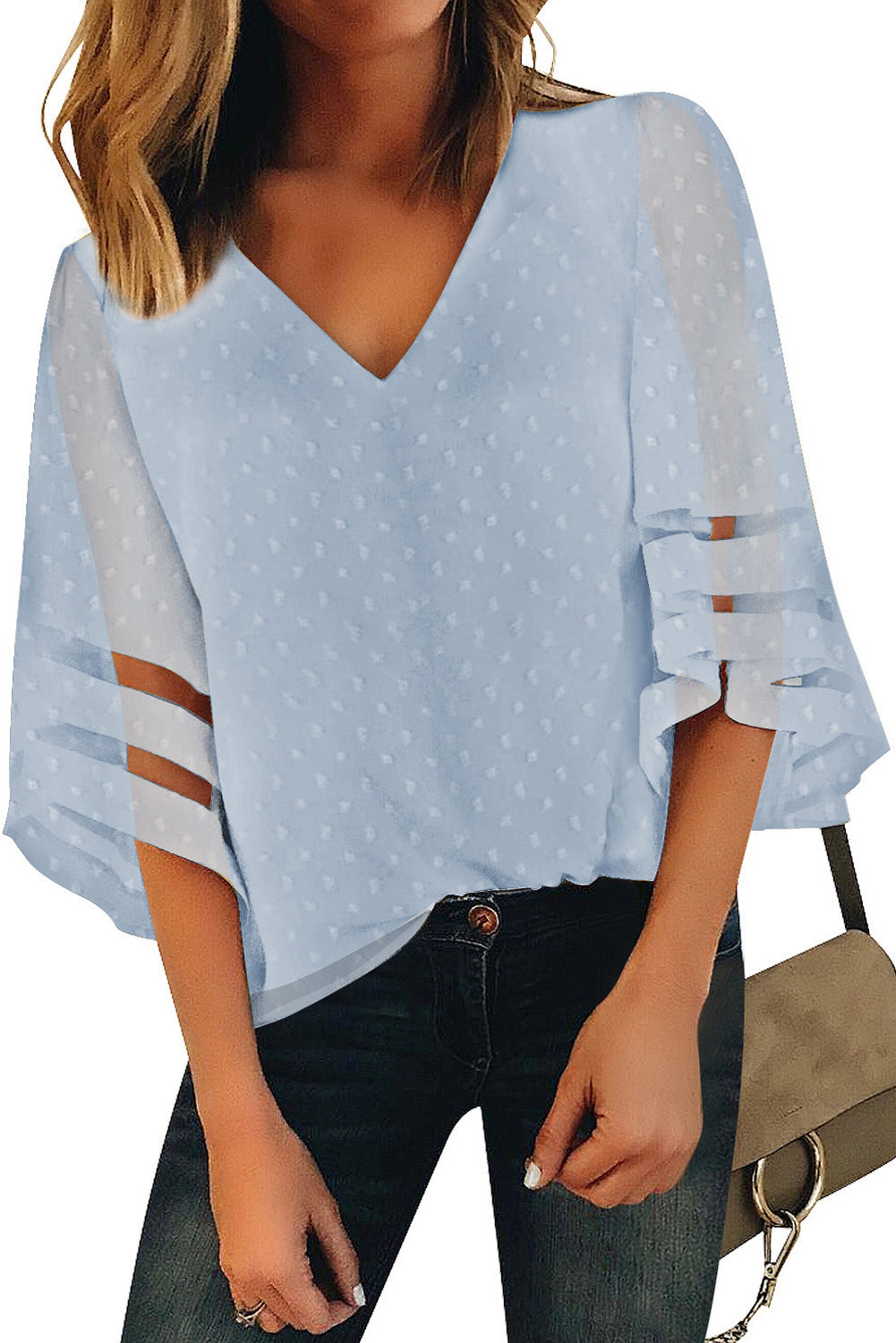 Blusa de lunares suizos con manga kimono y rayas de malla con cuello en V