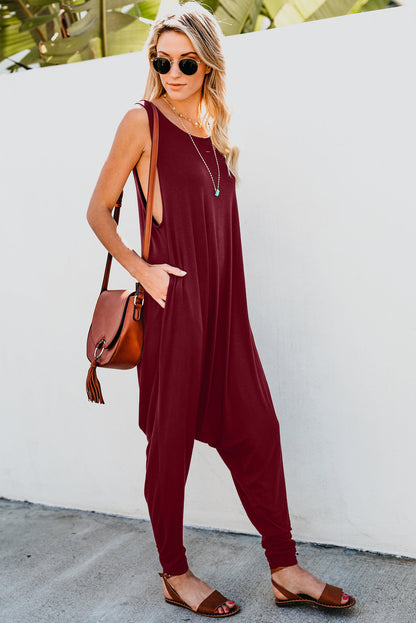 Mono harén con bolsillo sin mangas rojo vino