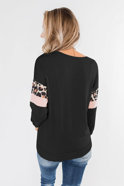 Blusa con bolsillo de rayas de leopardo de manga larga en color menta