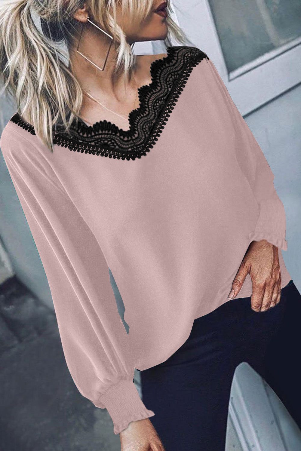 V Neck Lace Patchwork Red Blouse