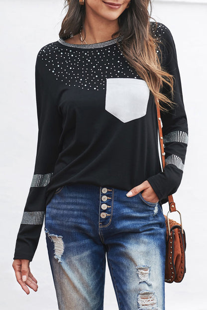 Top de manga larga con bolsillo de diamantes de imitación y cuello redondo