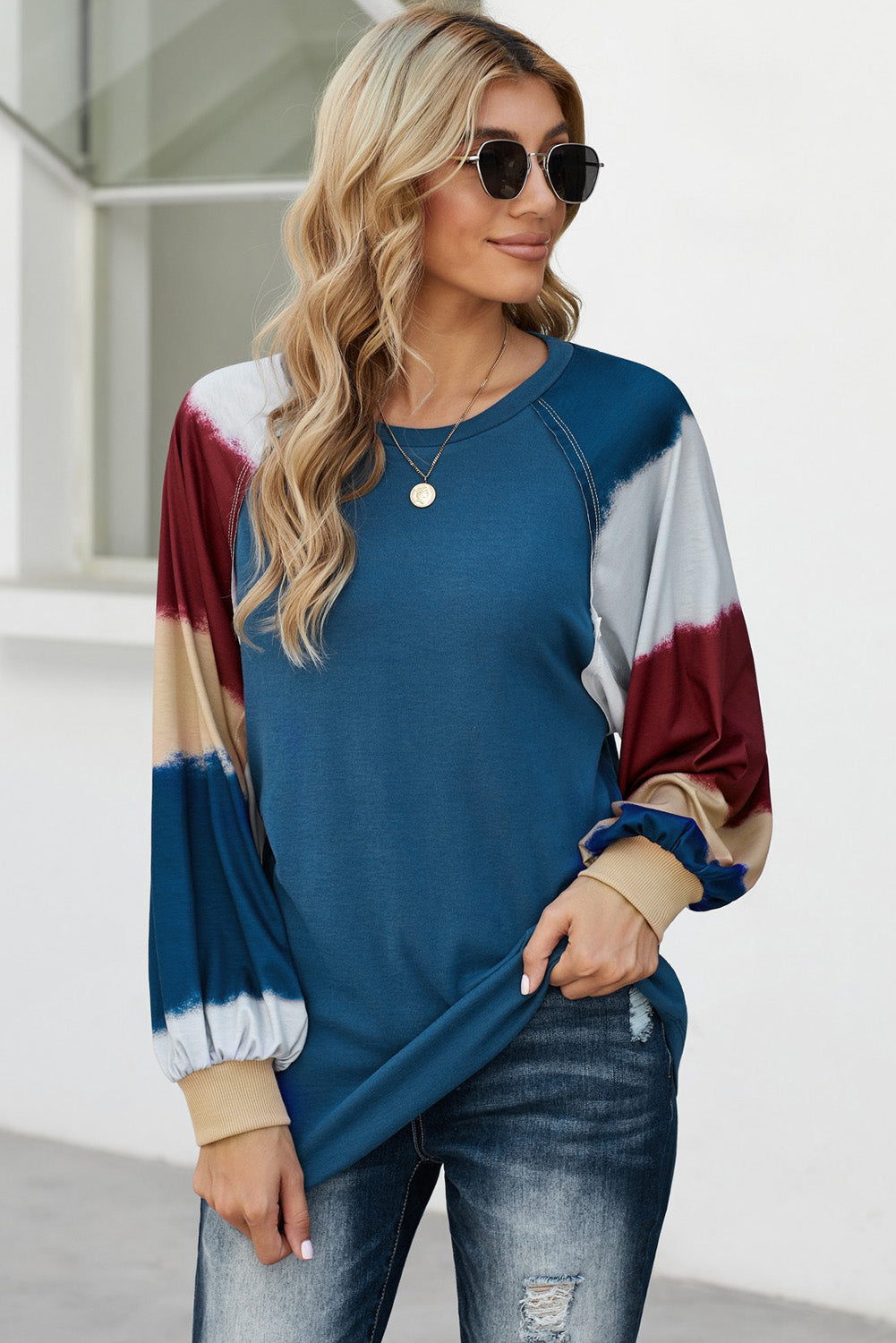 Camisetas holgadas de manga farol con bloque de color