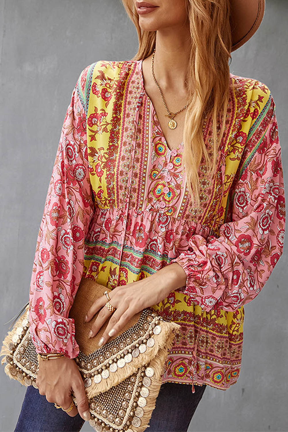 Floral Print Loose Drawstring V Neck Blouse