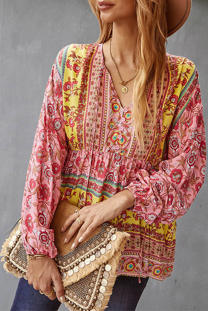 Floral Print Loose Drawstring V Neck Blouse