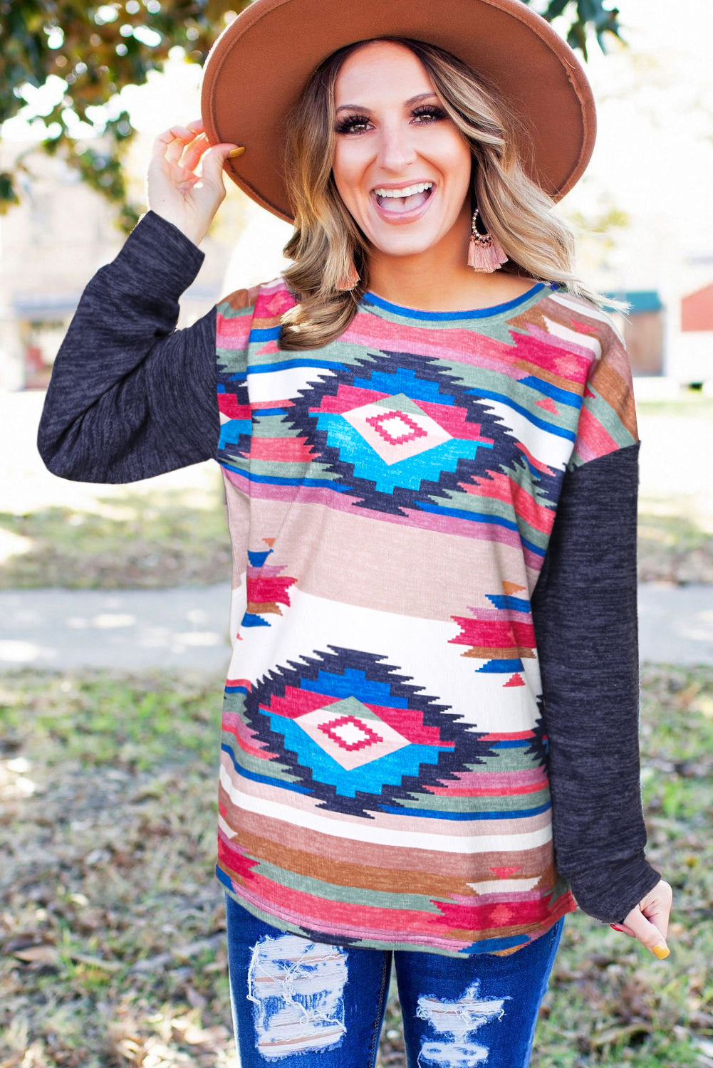Multicolor Aztec Print Color Block Long Sleeve Top