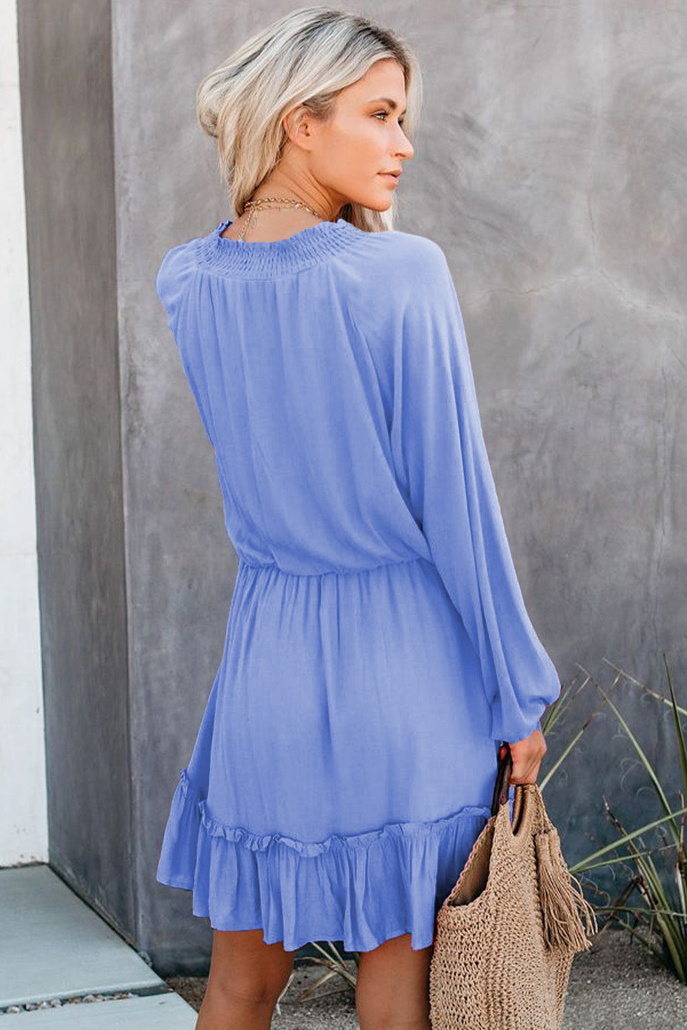 Khaki Bubble Sleeve Split Neck Ruffle Tunic Dress