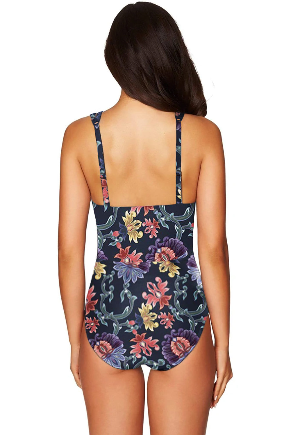 Maillot de bain une pièce plongeant à imprimé floral et treillis 