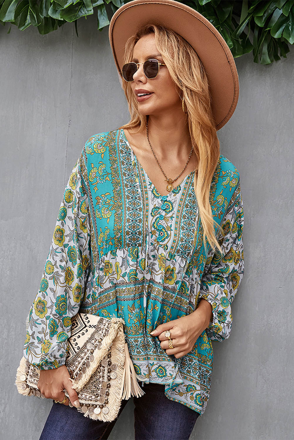 Floral Print Loose Drawstring V Neck Blouse