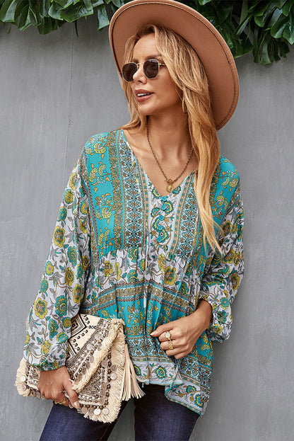 Floral Print Loose Drawstring V Neck Blouse