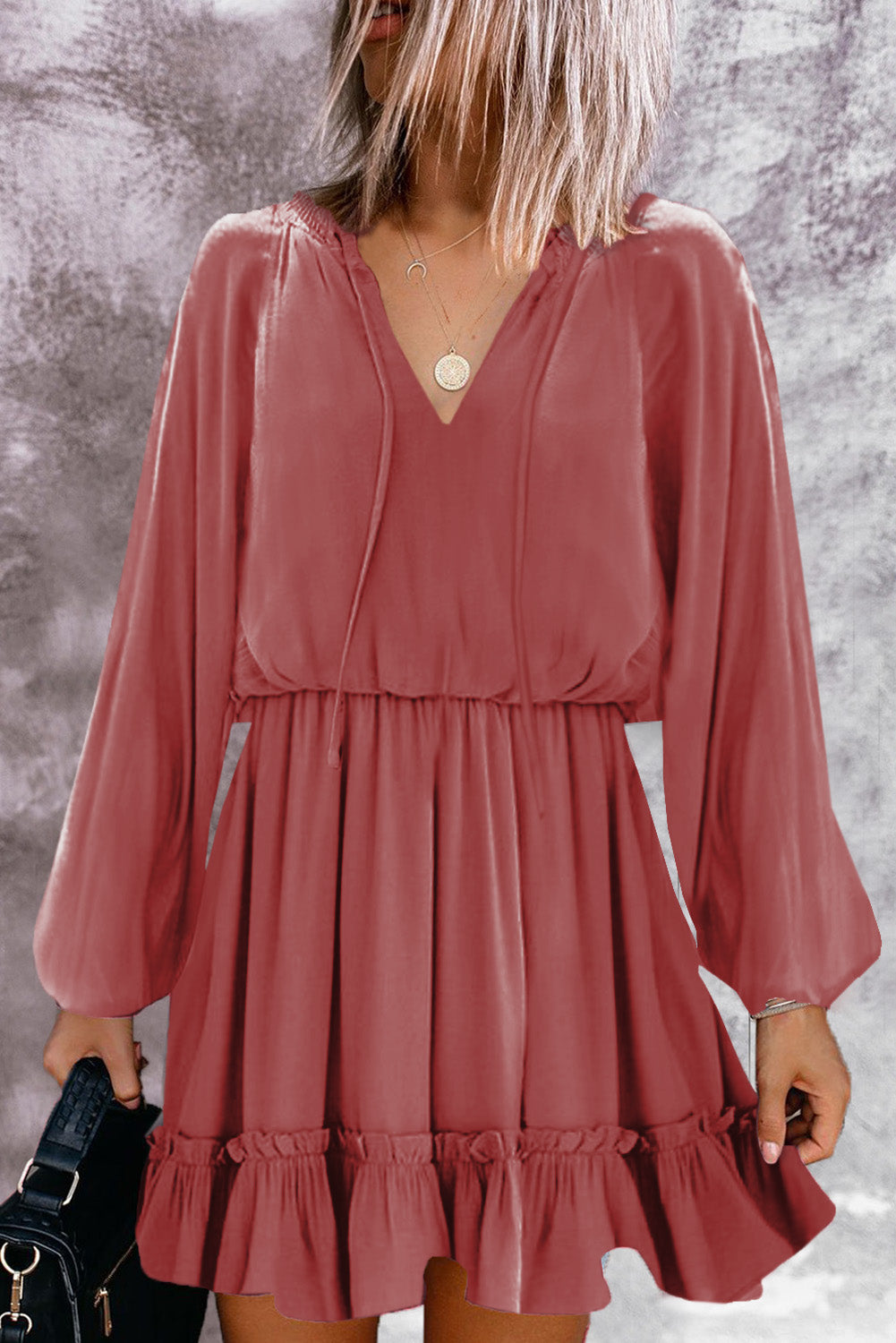 Khaki Bubble Sleeve Split Neck Ruffle Tunic Dress