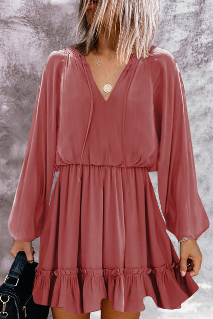 Khaki Bubble Sleeve Split Neck Ruffle Tunic Dress