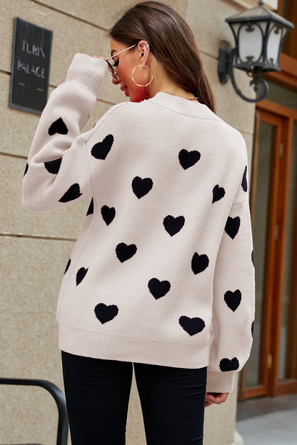 Heart Pattern Ribbed Trim Knit Sweater