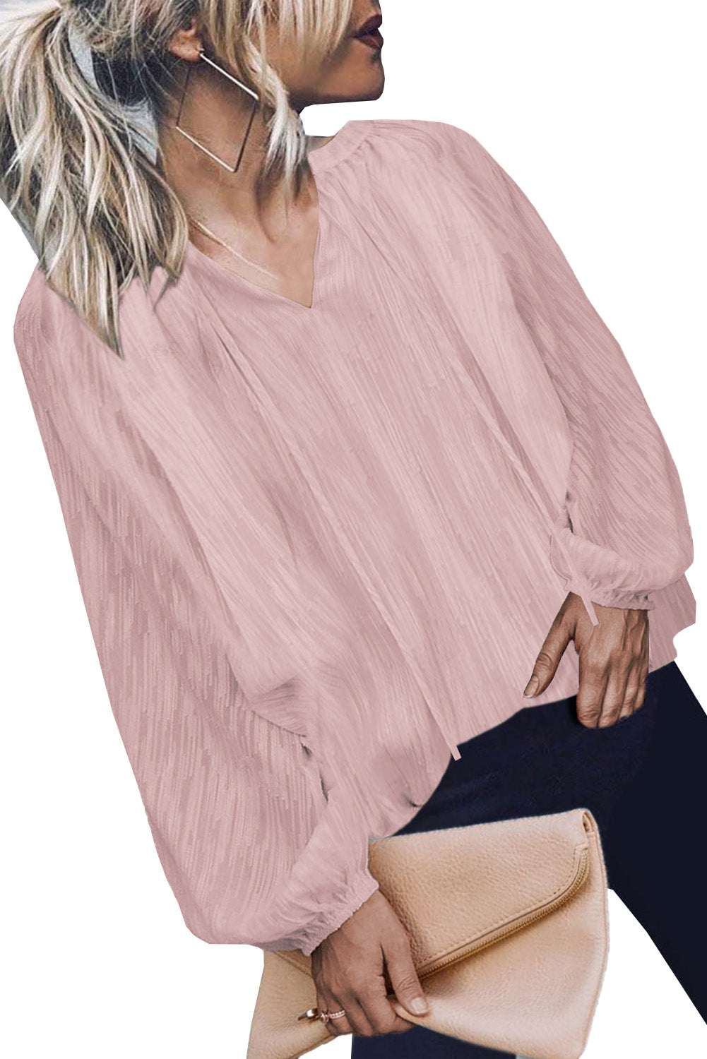 Haut uni texturé à col en V et manches lanternes 