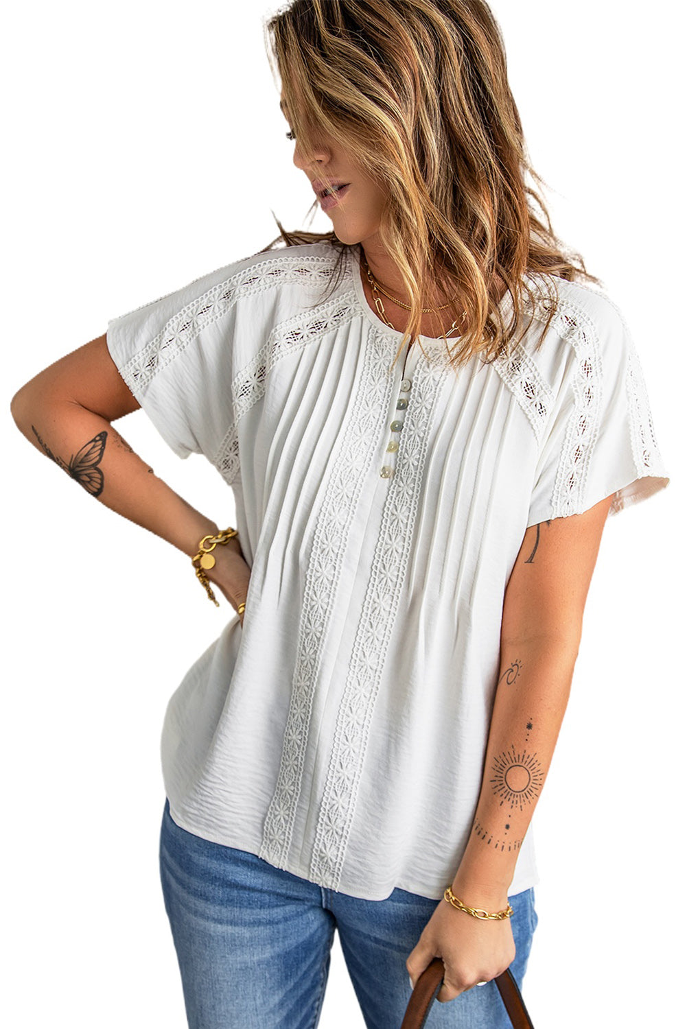 Top de manga corta con ojales de ganchillo