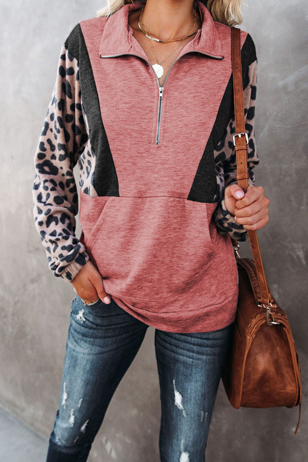 Pocketed Half Zip Leopard Pullover Sweatshirt