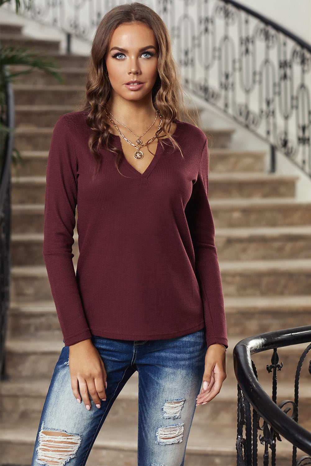 V Neck Cotton Blend Long Sleeve Top