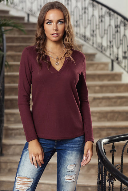 V Neck Cotton Blend Long Sleeve Top