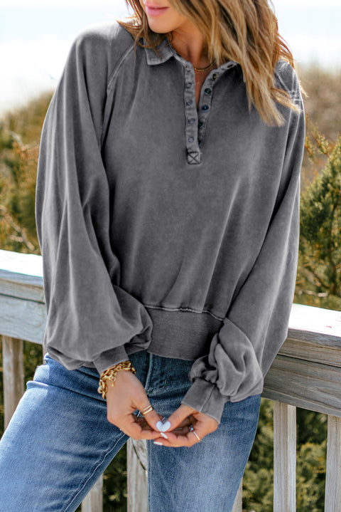 Gray Washed Snap Buttons Lantern Sleeve Pullover Sweatshirt