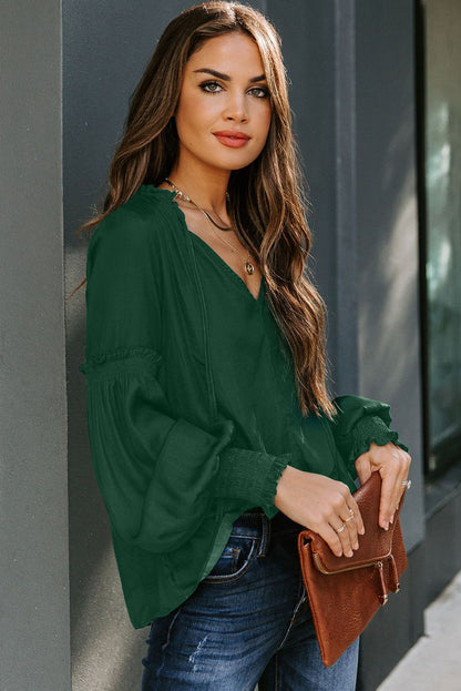 Satin V-neck Lantern Sleeve Drawstring Blouse