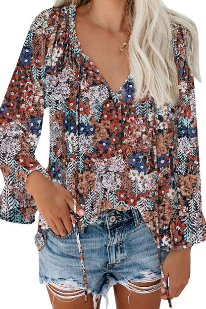 Floral Print Drawstring Long Bell Sleeve Blouse