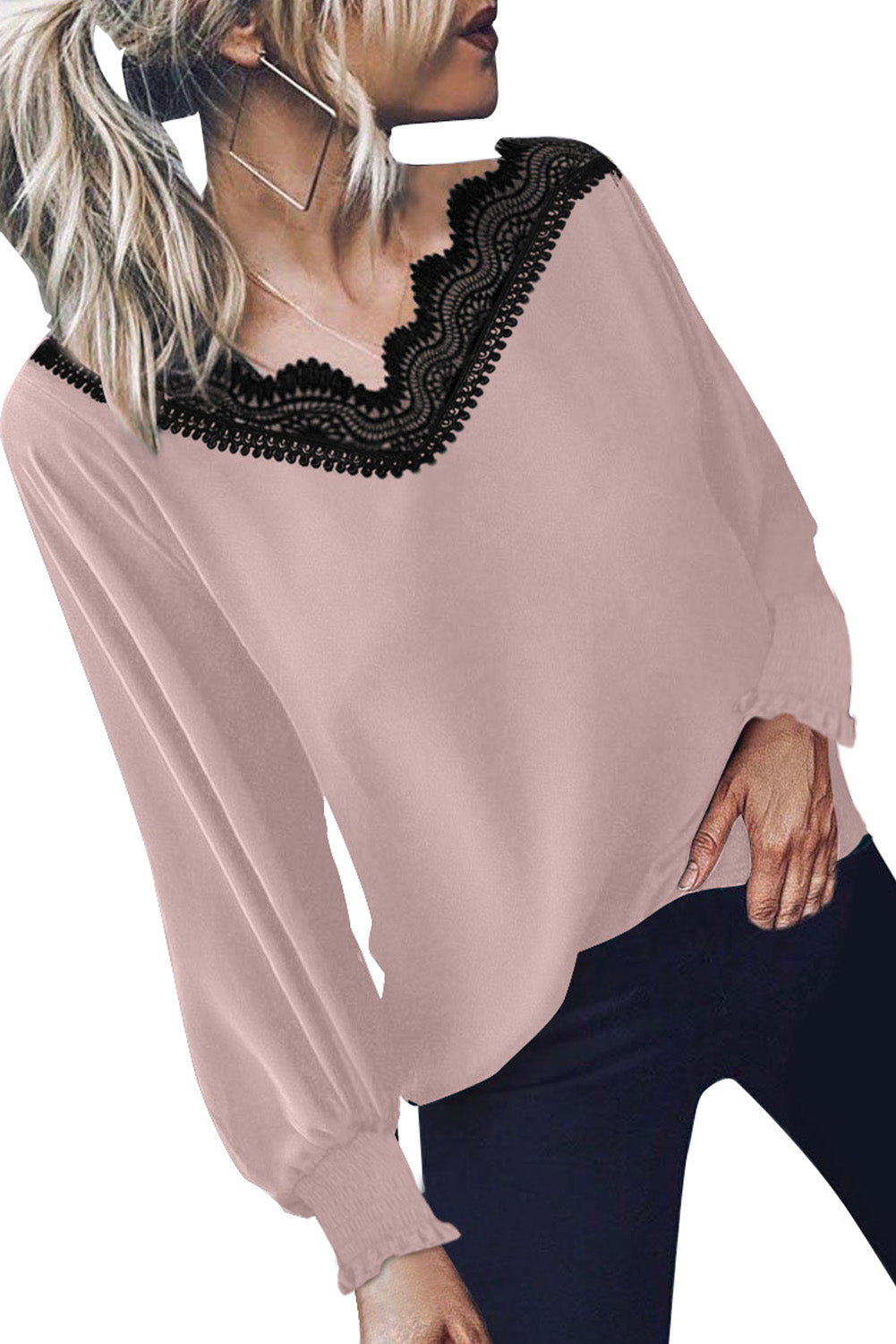 V Neck Lace Patchwork Red Blouse