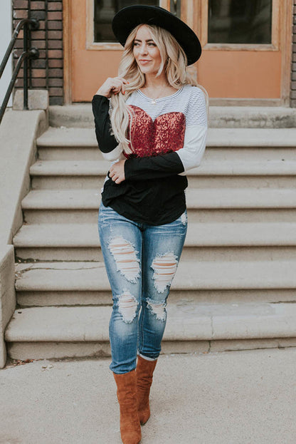 Haut rayé à manches longues et paillettes en forme de cœur