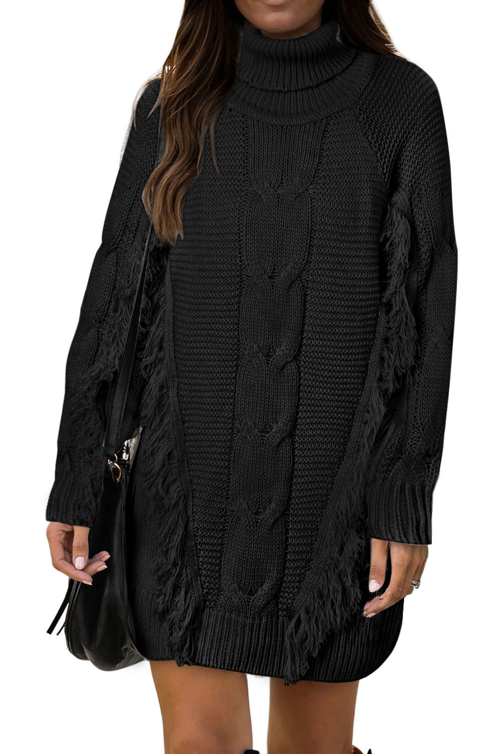 Twist Fringe Casual High Neck Sweater Dress