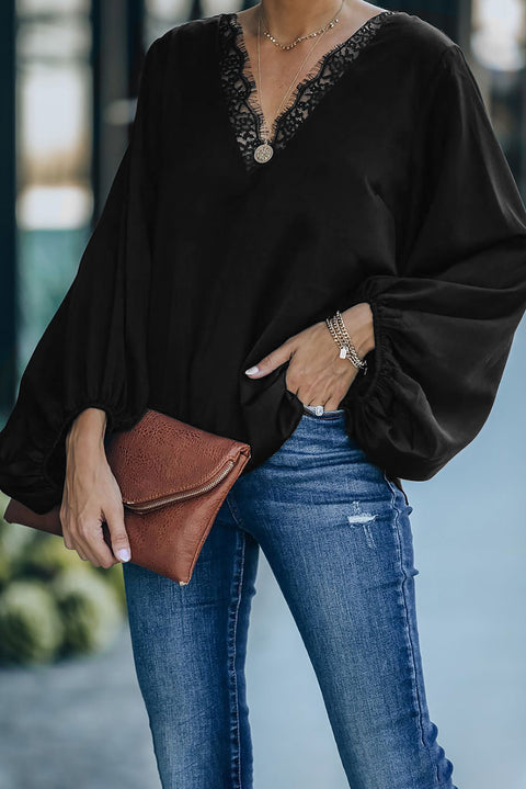 Lace V Neck Balloon Sleeves Top